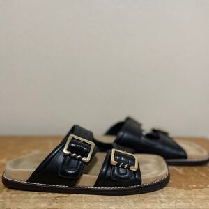 Free People FP Sage Square Toe Footbed Slides Black Leather Women's Sz 7.5